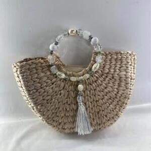 Woven Straw Handbag with Beaded Handle and Tassel Accent